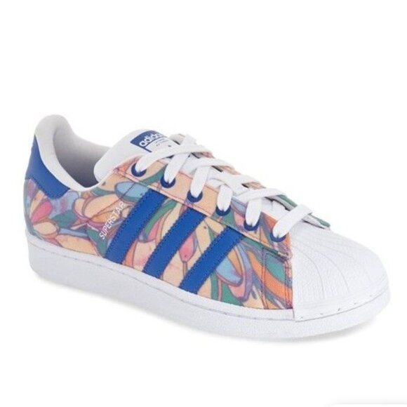 Retired Adidas Superstar Blue and Floral Pattern | Size US 8/EU 40 - Picture 1 of 10